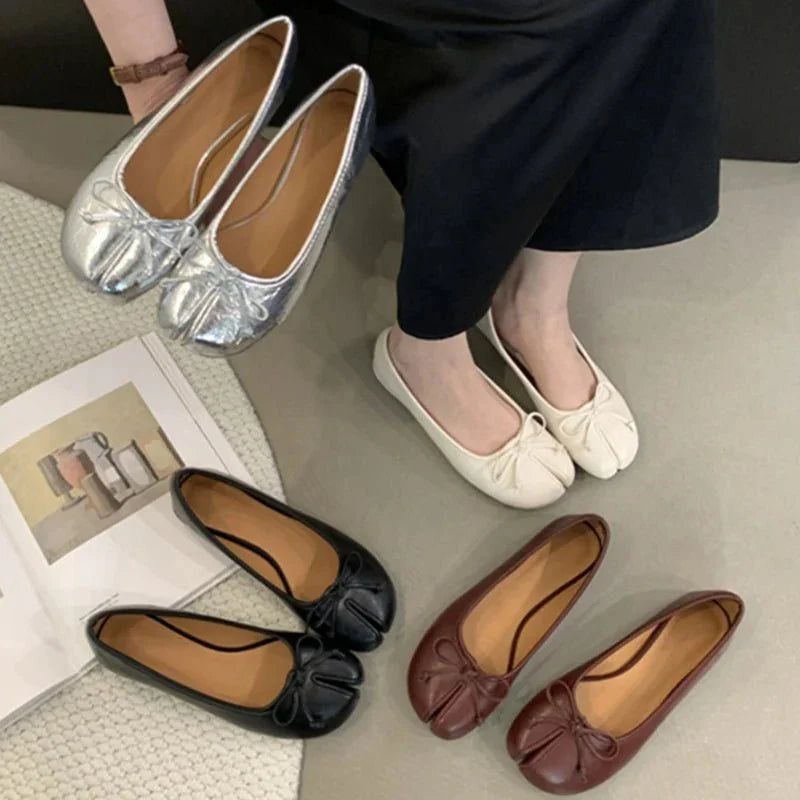 SEAME - Almira Soft Ballet Flats for Women with Bow Knot Detail, Slip - On Ballerina Shoes Black 36
