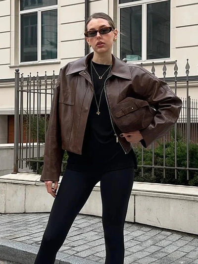 SEAME - Bianca Vegan Leather Jacket Brown S