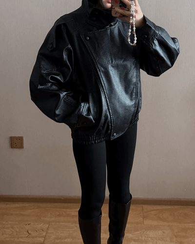 SEAME - Cecil Asymmetrical Leather Jacket Black XL