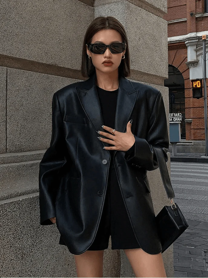 SEAME - Charice - Oversized Leather Blazer for Women with Shoulder Pads Brown S