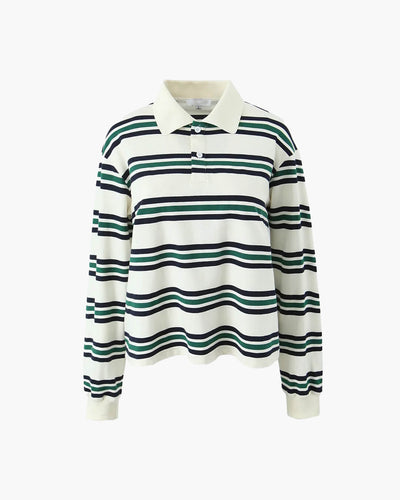 SEAME - Chelsea Women's Polo Shirt - Striped Casual Top with Button Detail Green Stripe Long Sleeve S