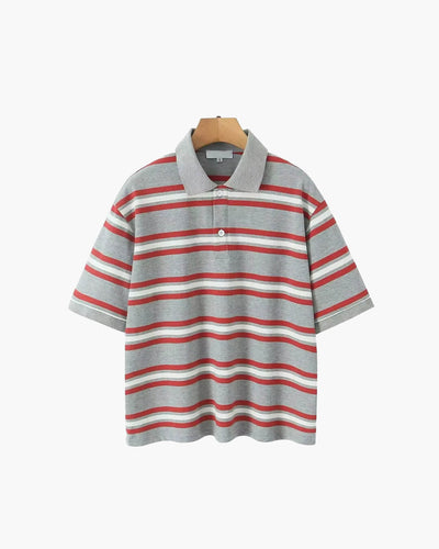 SEAME - Chelsea Women's Polo Shirt - Striped Casual Top with Button Detail Grey Stripe Short Sleeve S