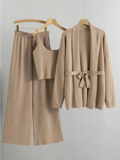 SEAME - Divine - Comfy Knitted Autumn Winter Set with belted Vest & Wide Leg Trousers Black One Size