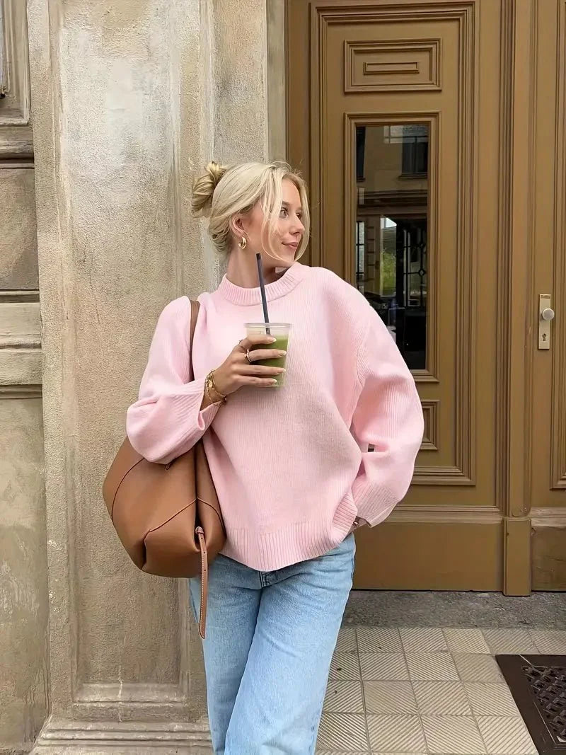 SEAME - Edlyn - Cozy Autumn Women's Sweater with Ribbed Trim & Soft Blended Material Pink S