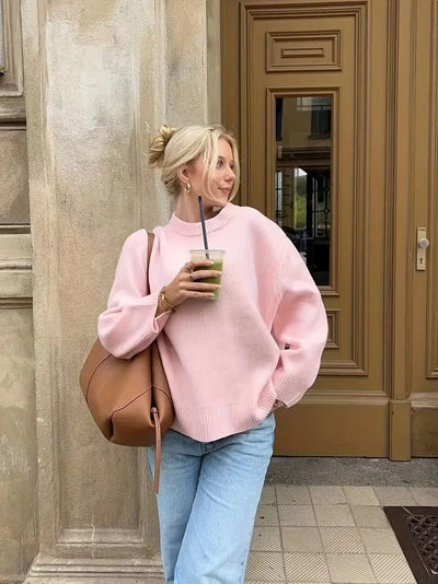 SEAME - Edlyn - Cozy Autumn Women's Sweater with Ribbed Trim & Soft Blended Material Pink S