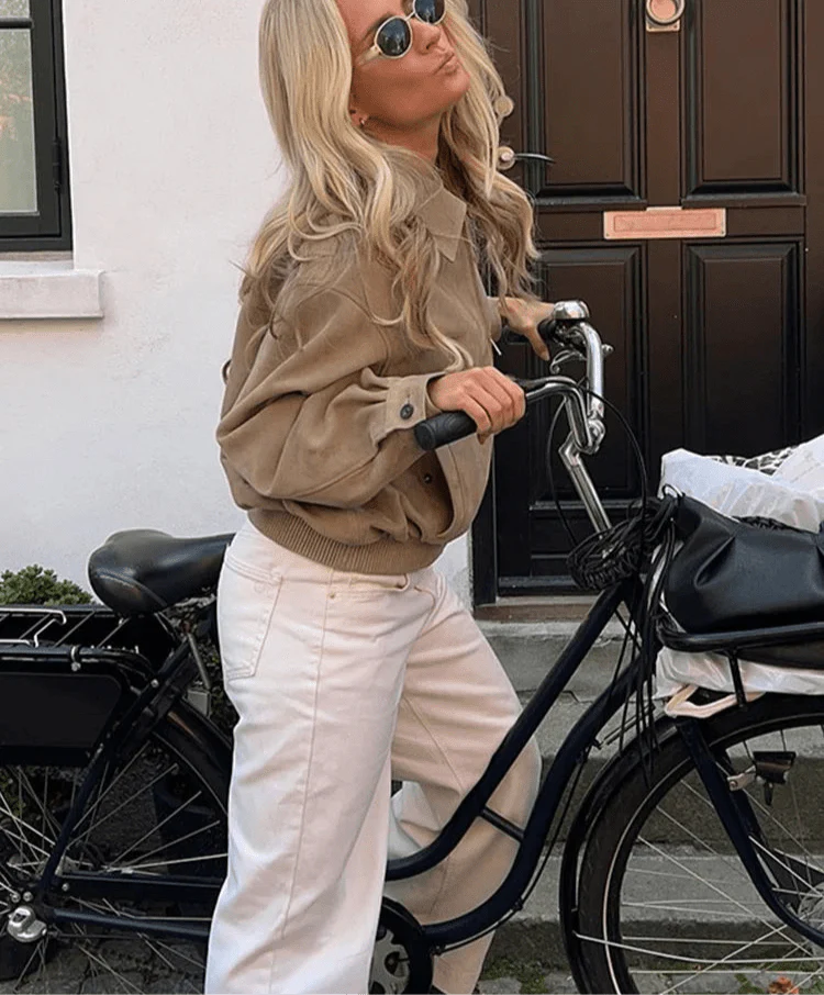 SEAME - Emily Suede Bomber Jacket Beige S
