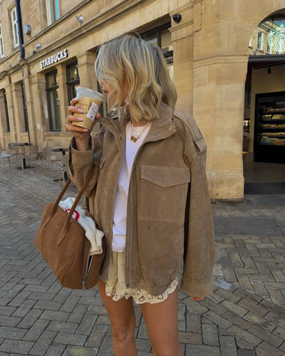 SEAME - Greta Suede Moto Jacket Beige M