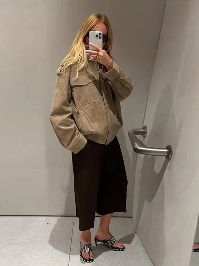 SEAME - Greta - Women's Autumn Winte Suede Moto Jacket with Zipper Pockets and Lapel Collar Beige XS