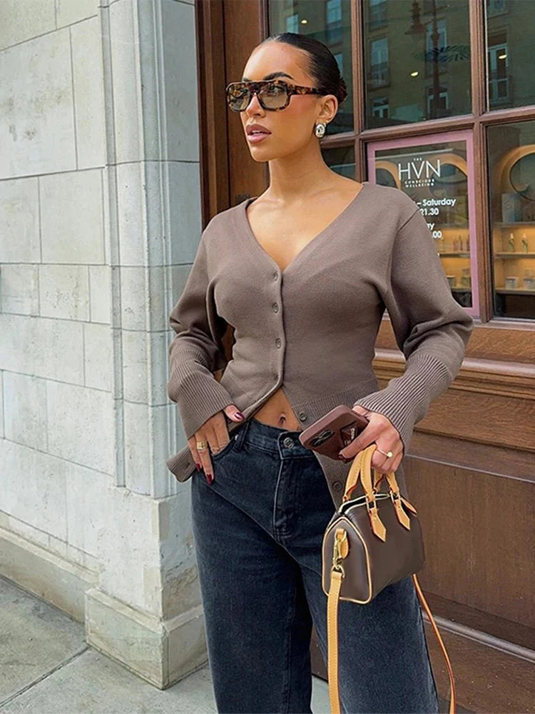 SEAME - Hannah Women's Cardigan - Elegant V - Neck Knit Sweater for Casual Style Brown S