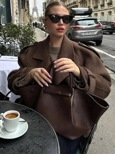 SEAME - Katrina Women's Vintage Double Breasted Short Trench Coat with Lace - Up Design Dark Brown M