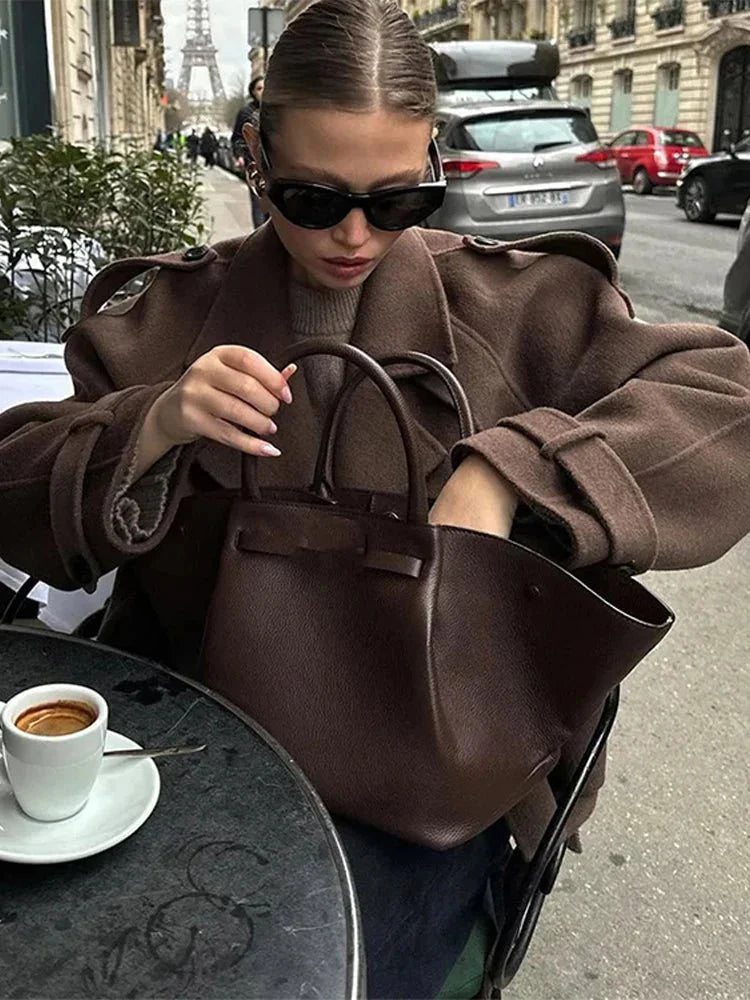 SEAME - Katrina Women's Vintage Double Breasted Short Trench Coat with Lace - Up Design Dark Brown M