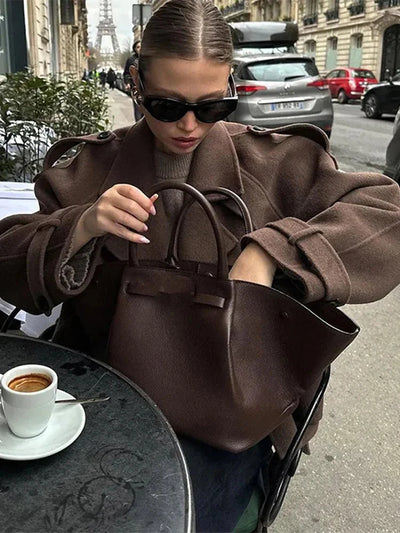 SEAME - Katrina Women's Vintage Double Breasted Short Trench Coat with Lace - Up Design Dark Brown M
