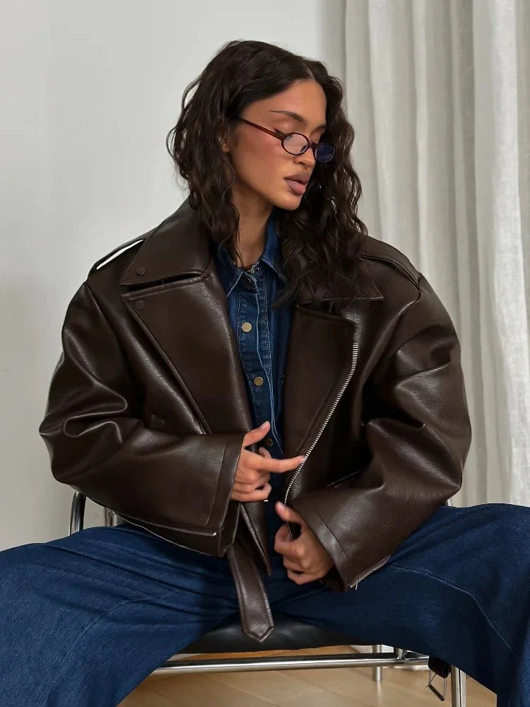 SEAME - Kyla Vegan Leather Jacket Dark Brown S