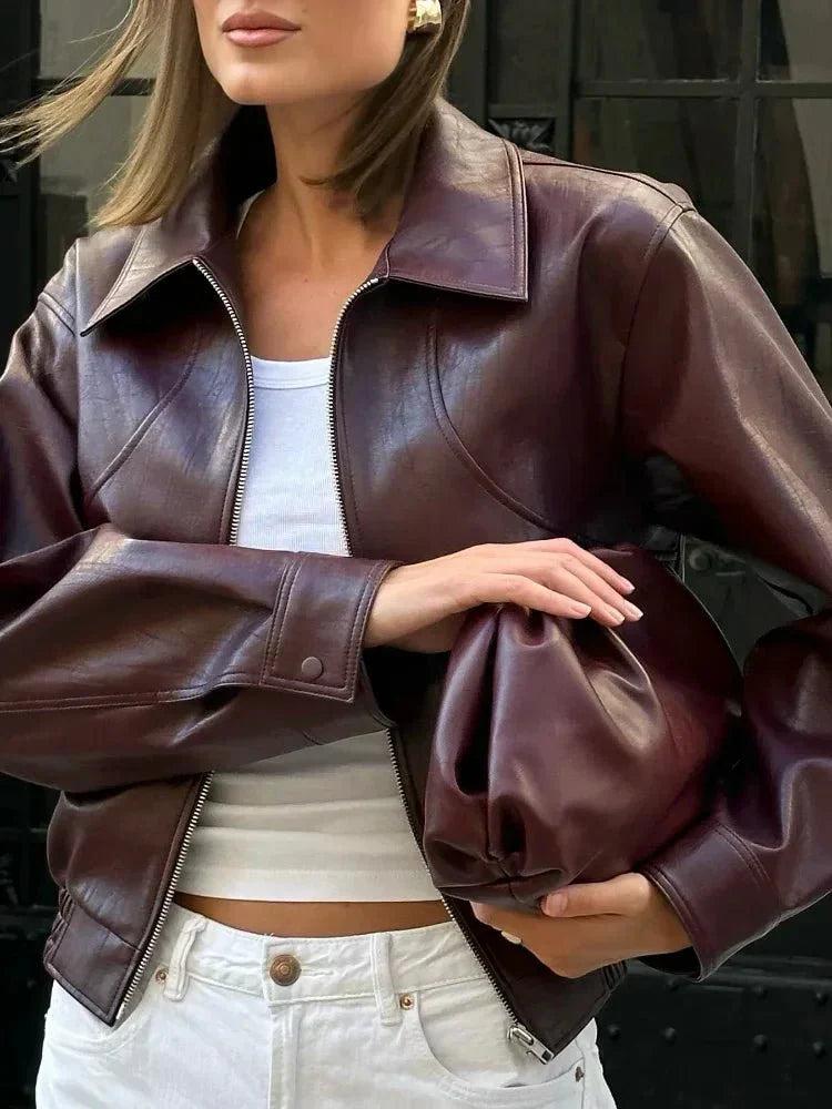 SEAME - Luna Stylish Women’s Vintage Wine Red Leather Jacket - Cropped Zipper Coat Burgundy S