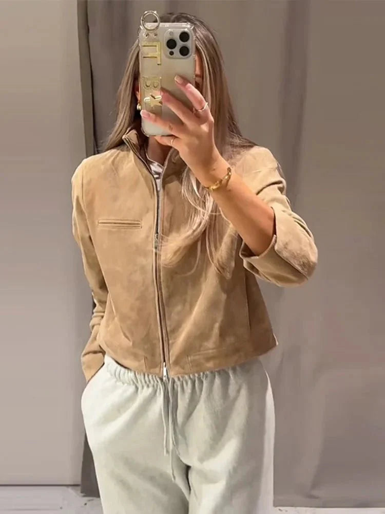 SEAME - Lyn - Women's Vintage Suede cropped Autumn Jacket with Stand Collar Beige L