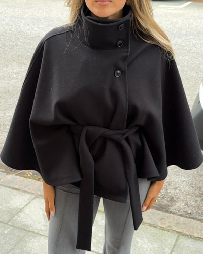 SEAME - Marianne Elegant High - Neck Belted Cape Jacket Black S