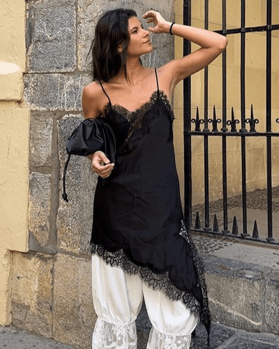 SEAME - Pia Asymmetric Satin Lace Cocktail Dress Black S