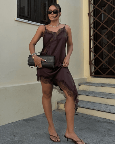 SEAME - Pia Asymmetric Satin Lace Cocktail Dress Brown Dress XS
