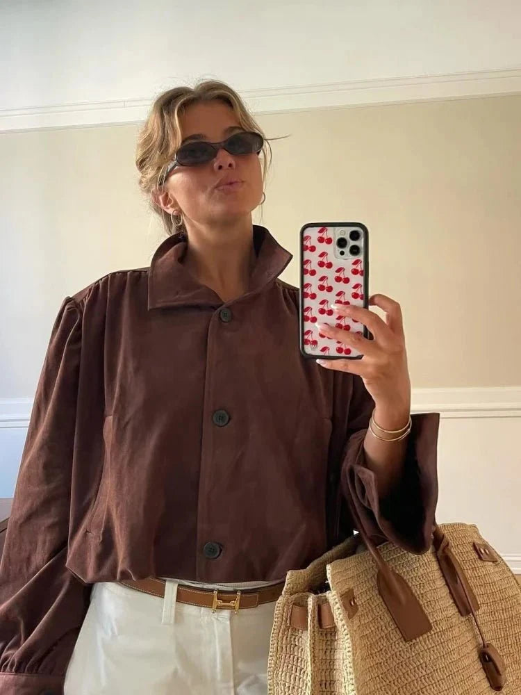SEAME - Rita - Women's Jacket - Vintage Suede Leather with Padded Shoulders Dark Brown S