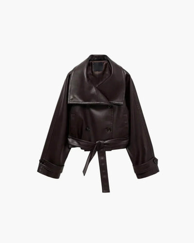 SEAME - Sandra - Women's Leather Jacket with Double Breasted Design & Fashion Belt Black XS