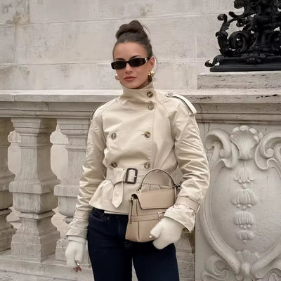 SEAME - Seame Women's Cropped Trench Coat - Stylish Spring Jacket with Belt Beige S