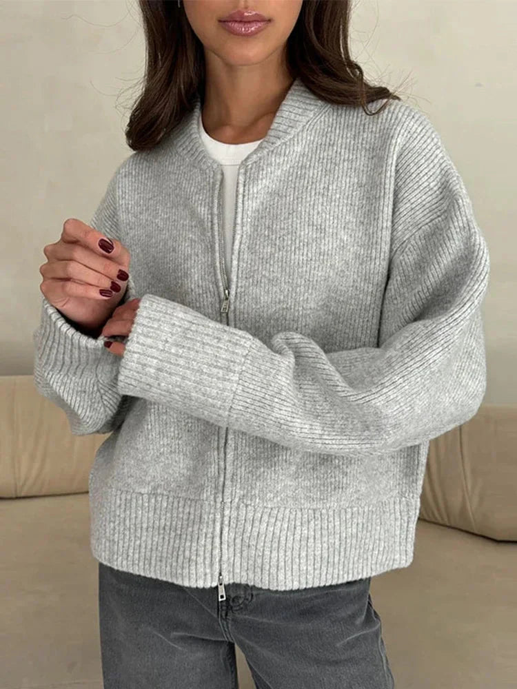 SEAME - SEAME Women's Long Cardigan Sweater with Zipper Closure - Elegant Knit Design Grey S