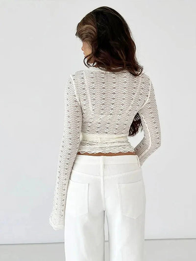 SEAME - SEAME Women's Long Sleeve Lace T-Shirt - Stylish Casual Crop Top White S