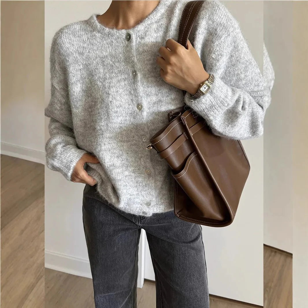 SEAME - SEAME Women's Long Vintage Knitted Cardigan - Casual Cardigan Light Grey M