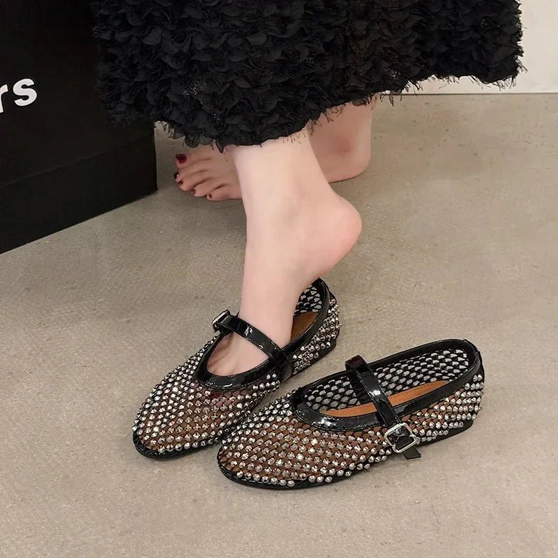 SEAME - SEAME Women's Rhinestone Mesh Ballerina Shoes with Soft Sole Comfort White 35