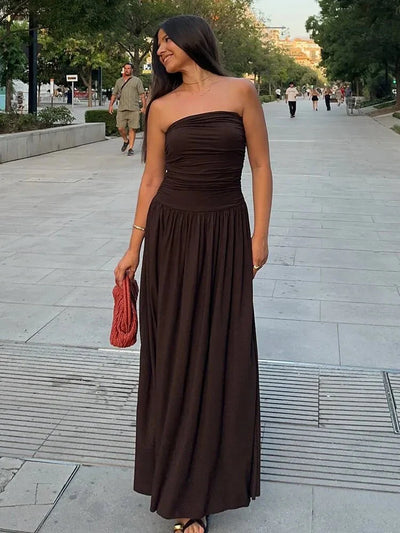 SEAME - SEAME - Women's Summer Dress, Brown Spliced Tube Top Slim Pleated Design Brown S
